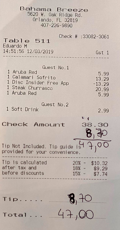 Restaurante em Orlando Bahama Breeze conta