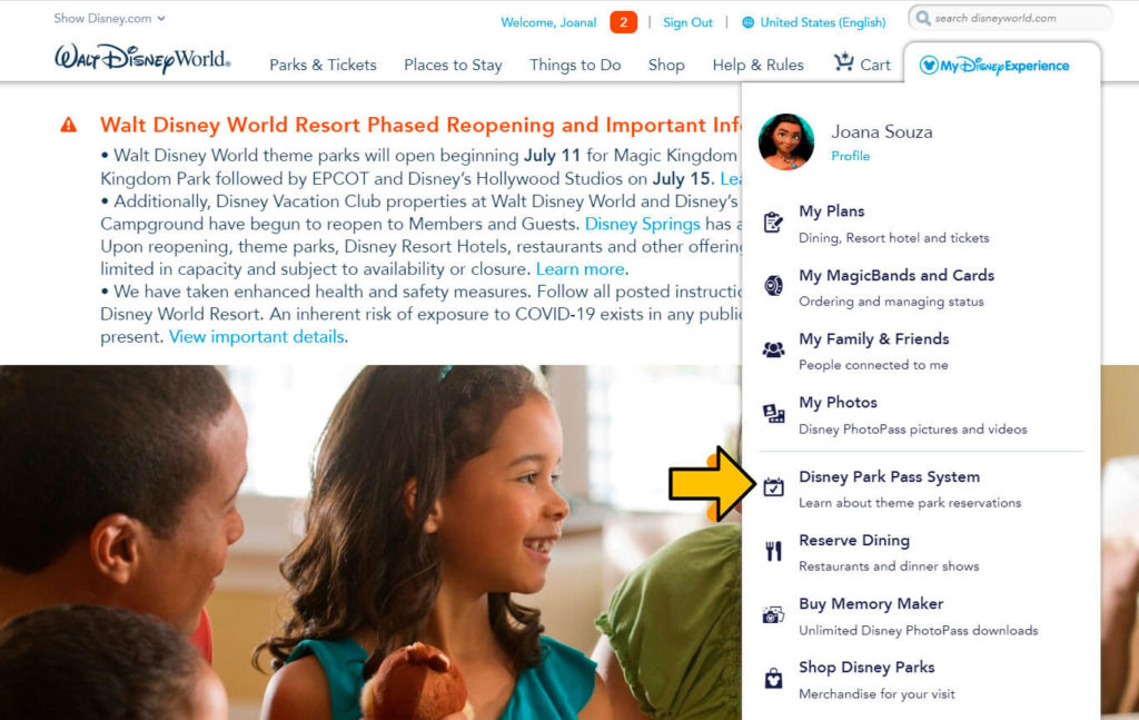 sistema de reserva para vistar os parques Disney entrar no sistema