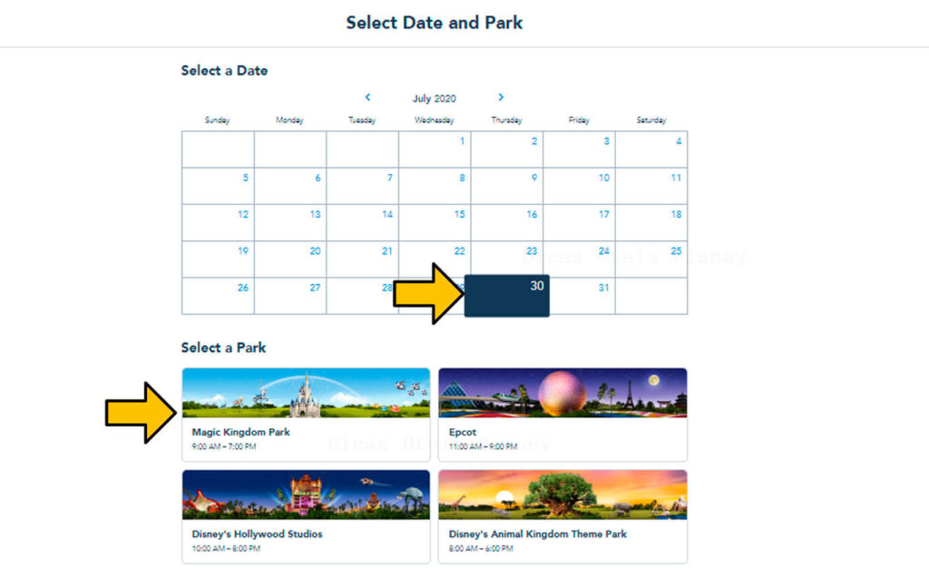 sistema de reserva para vistar os parques Disney Dia e parque