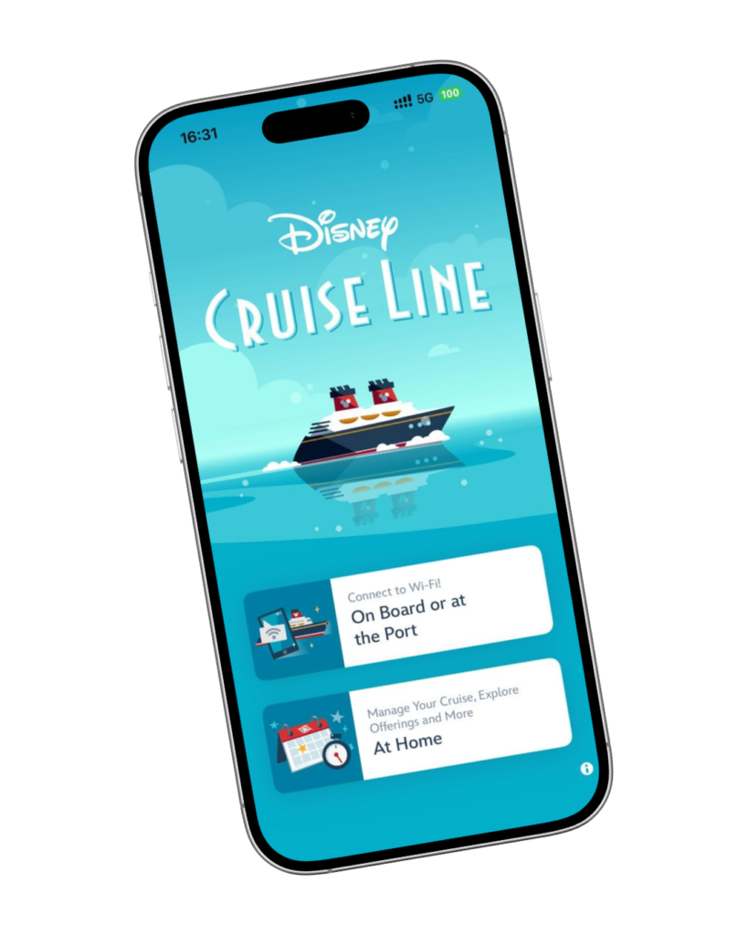 Aplicativo Disney Cruise Line aberto no smartphone durante o embarque em Port Canaveral